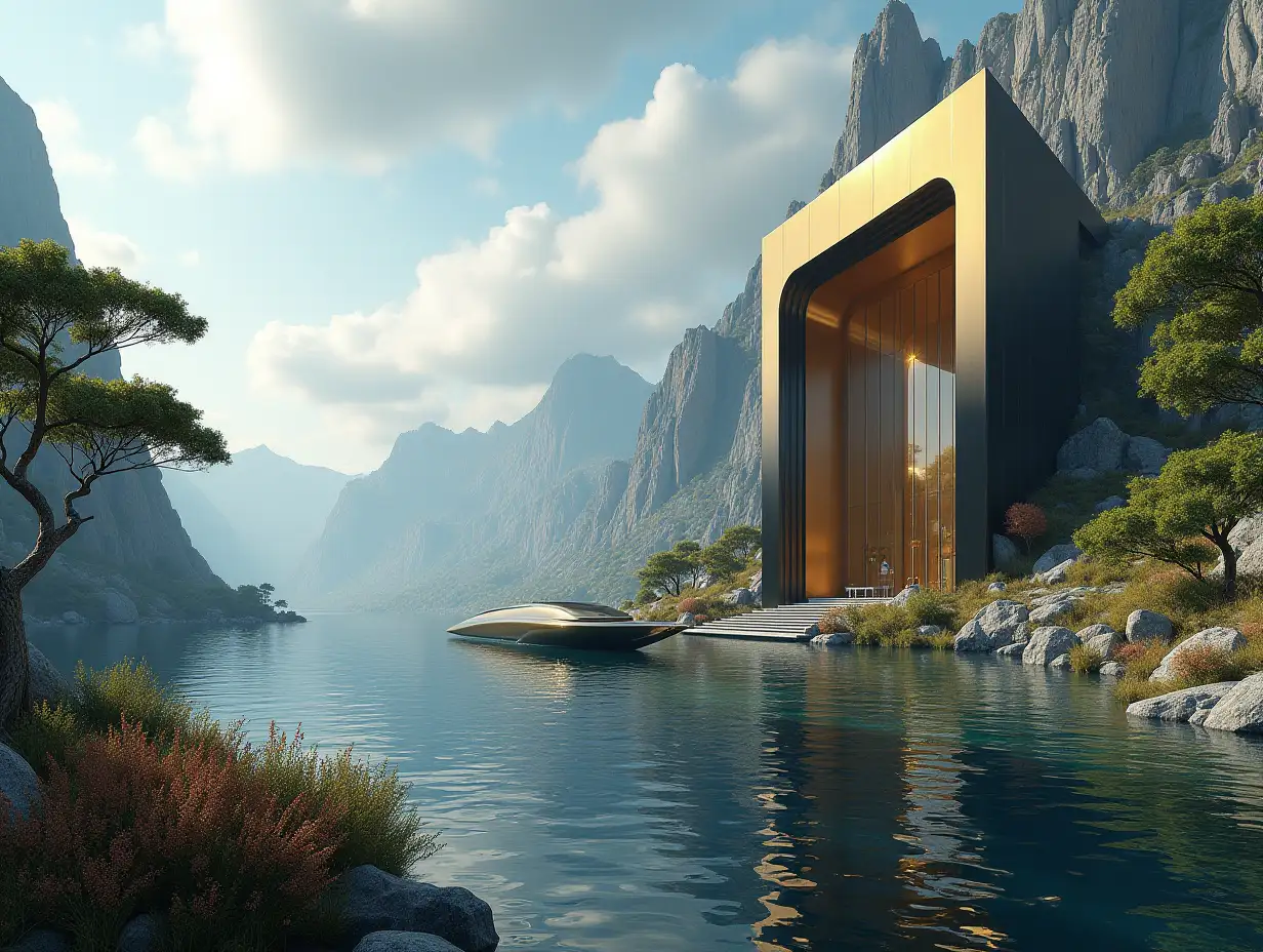 Create a high-resolution realistic image in 4k resolution of a futuristic gold and black building with curved columns, mountains with big trees, rocks, flowers, a futuristic large boat with glass window and cloudy sky