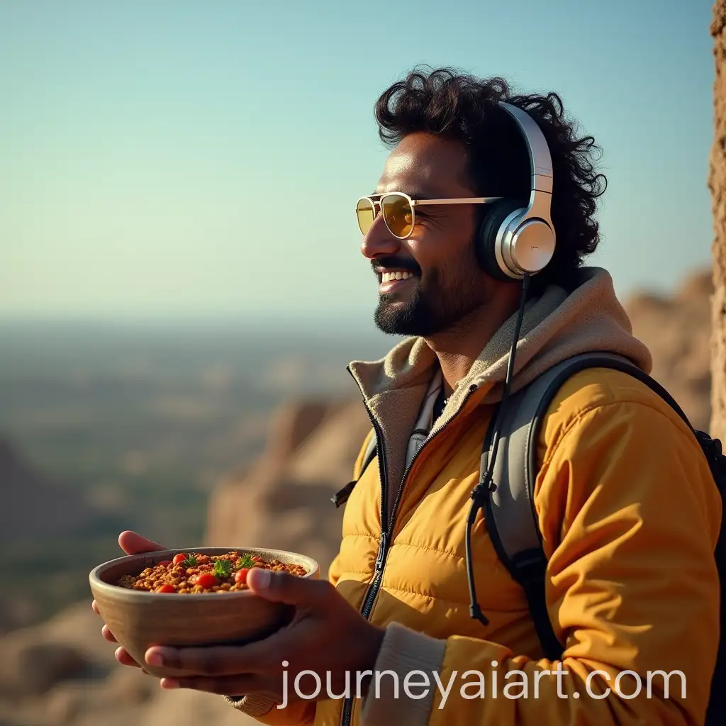 Indian-Man-Enjoying-Views-on-Mountain-with-Meggi-Bowl-and-Headphones