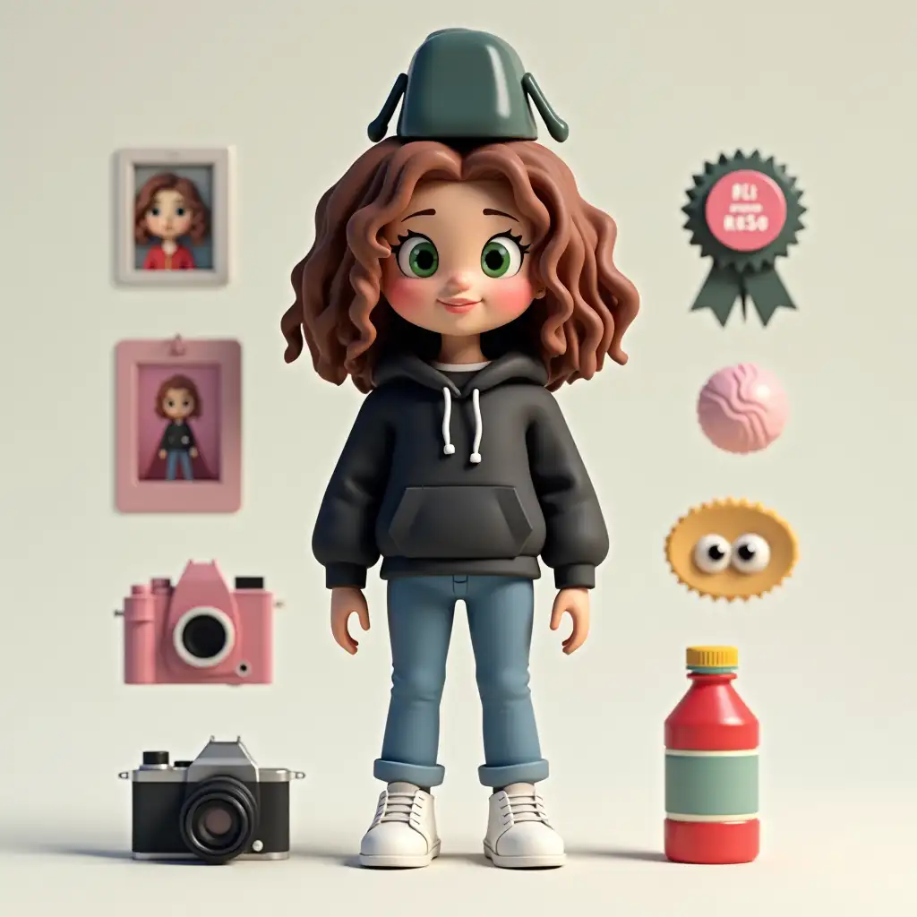 Create an image in the style of 3D toys in Blender. Character - a girl with shoulder-length hair, they are curly and brown. Green eyes. Wearing a black hoodie and blue jeans. On her feet are white sneakers. Around the toy are artifacts - a camera, a badge of RSO, a photo of this girl in pink colors, a bottle of water, and a dark green bag on top. The title: Irina - Homeworm. Style - clean, minimalistic. The package and toy should be in the center