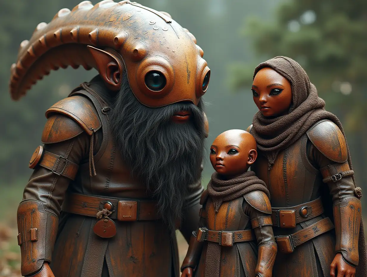 Ki-Fantasy family,Man,Woman, and Children, giant alien face with beard and with wooden armor equipment