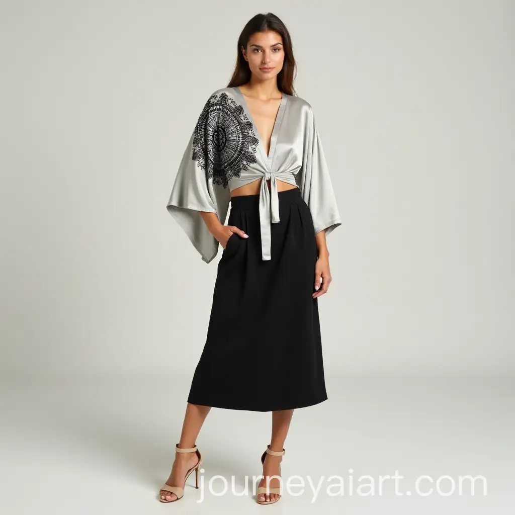 Woman-in-Modern-Kimono-Blouse-with-HandEmbroidered-Mandala-Design-and-Black-Skirt