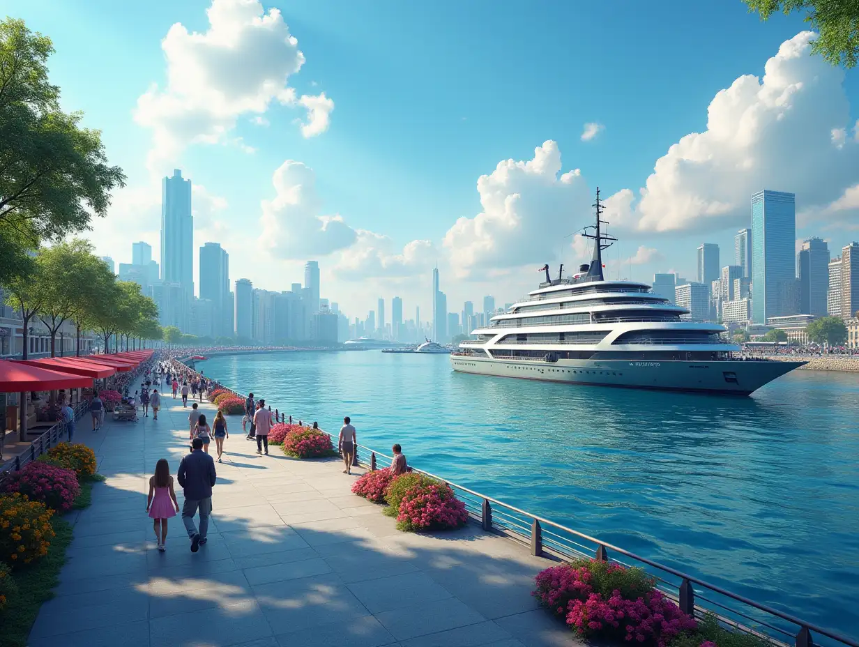 Create a photorealistic image of a modern city, with a large modern harbor, with a beautiful promenade, with locales, people and a big modern ship, 8K resolution colorful and bright