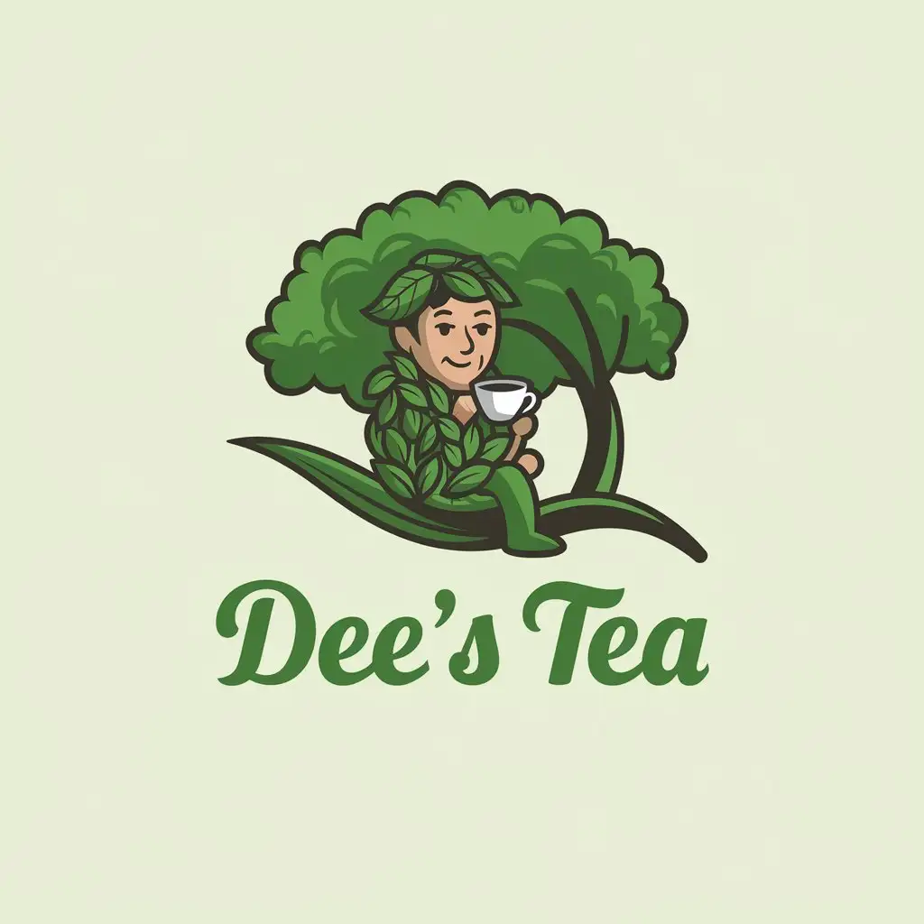 LOGO Design for Dees Tea Green and Brown with Leaf Mascot and Teacup on Leaf Tree Theme