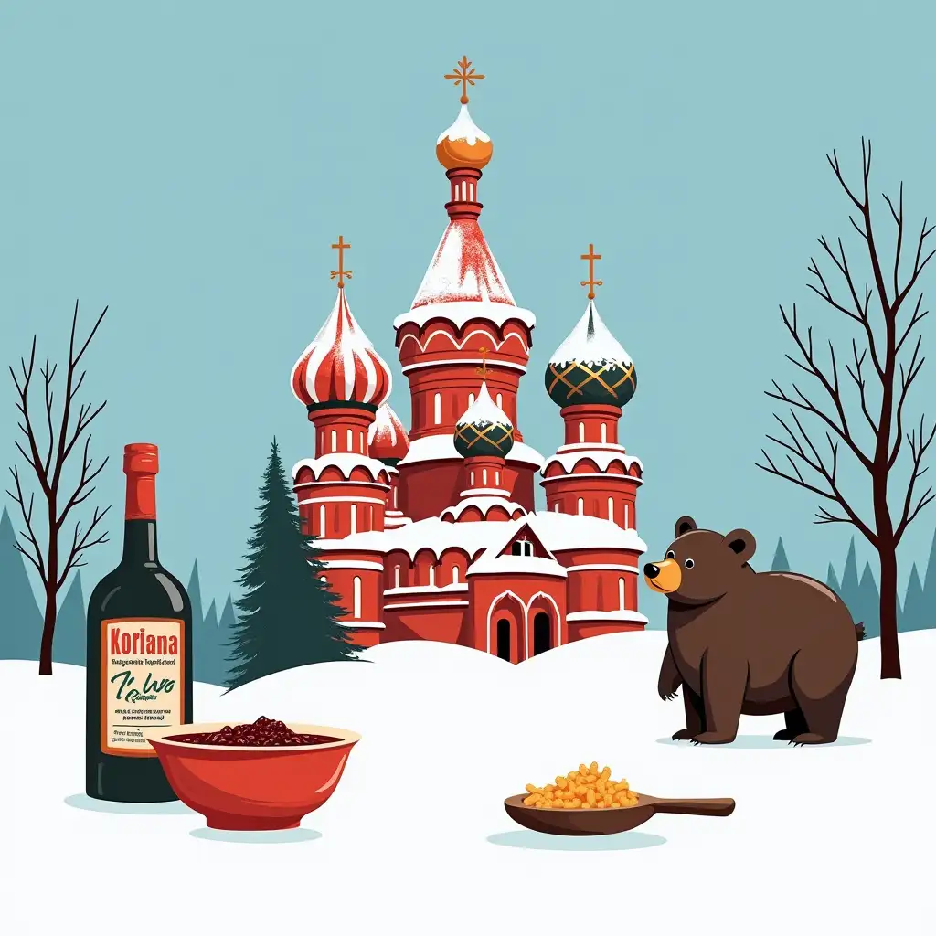 Make a 4k realistic image according to the description Climate: White snow on blue background, symbolizing a cold country Architecture: Onion domes red color Cuisine: Vodka bottle and bowl of borscht Symbol: Bear in traditional ushanka Culture: Balalaika in the corner General style: A bit naive, cartoon drawing