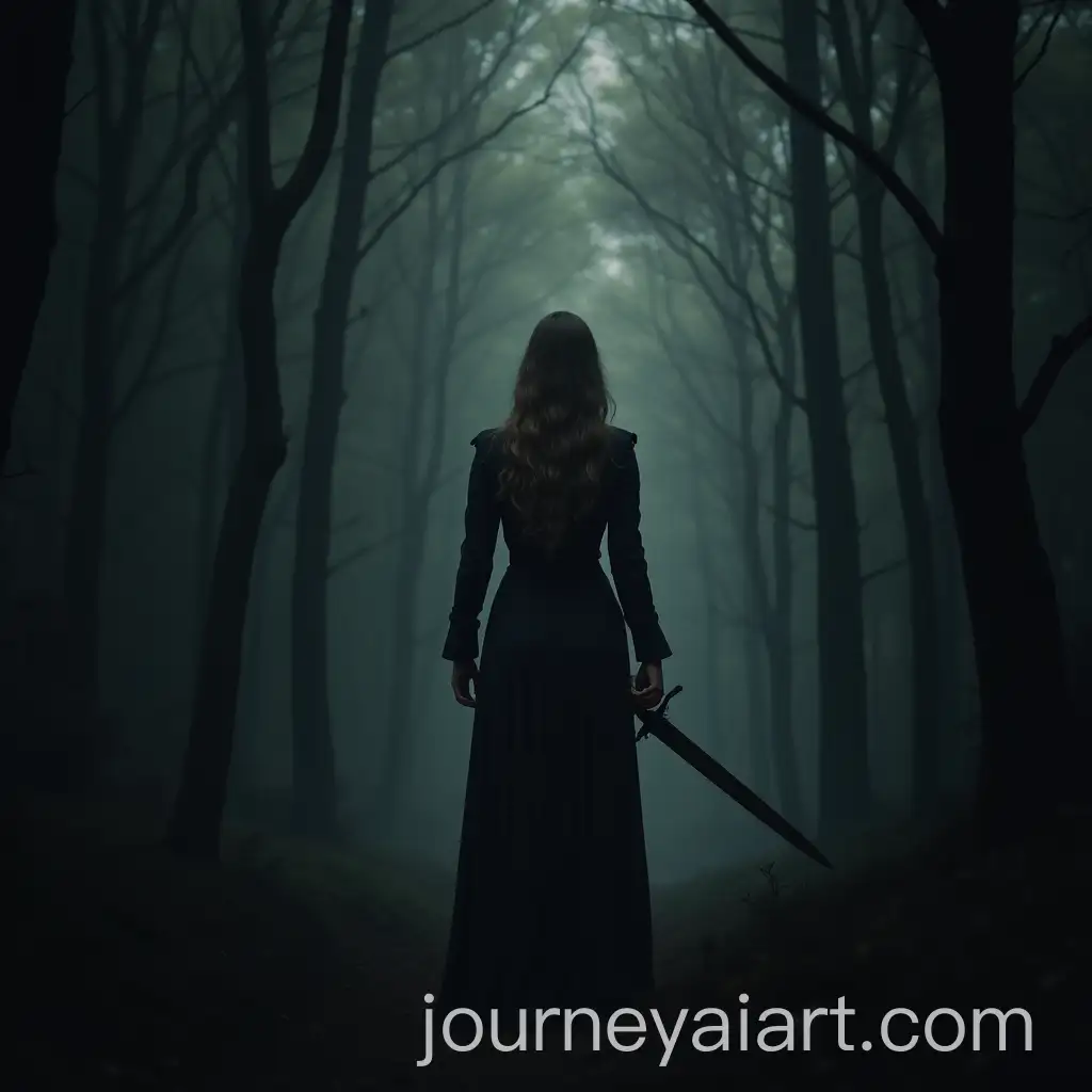 Woman-Holding-a-Sword-in-a-Dark-Forest-at-Night