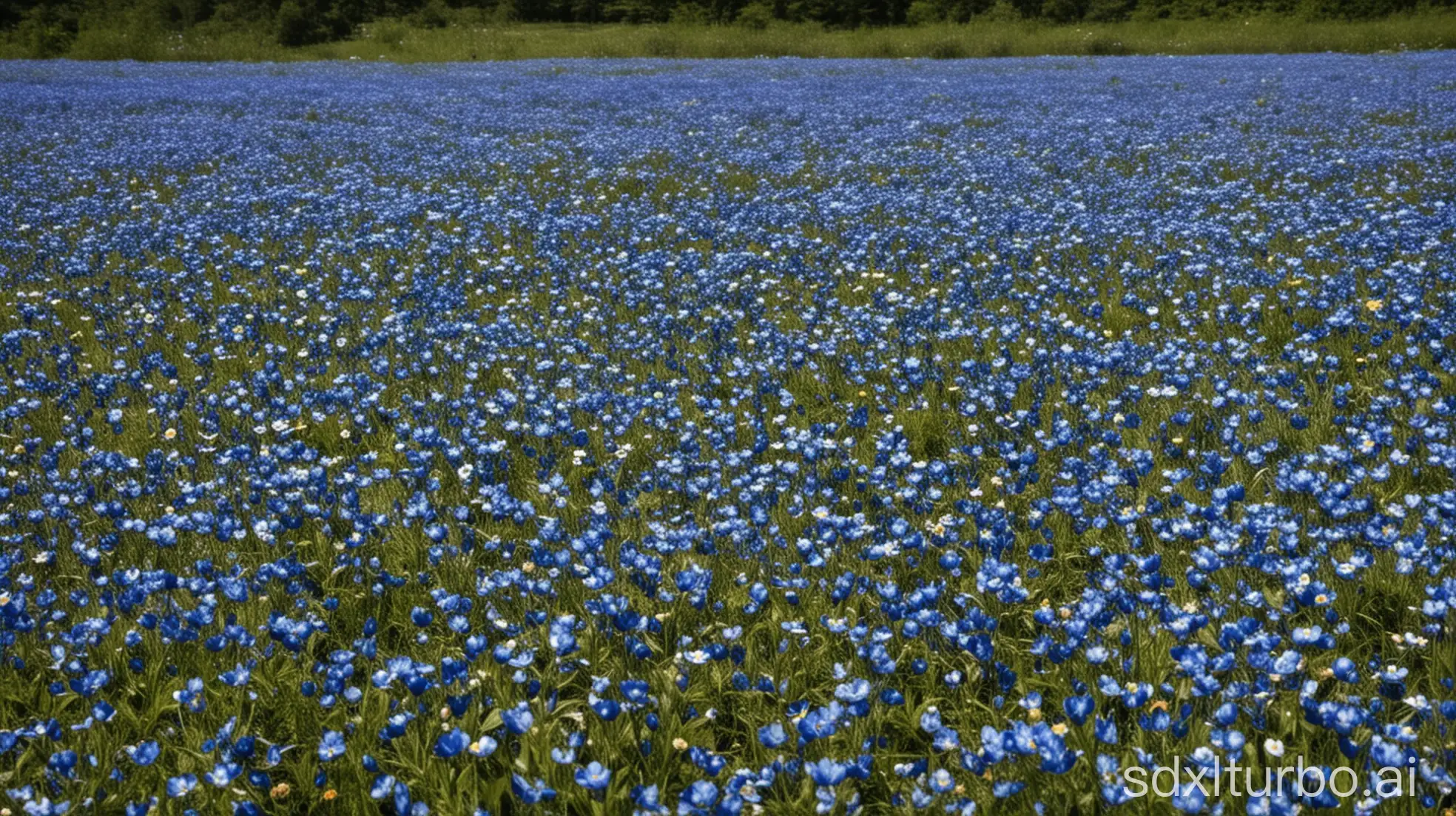 Vibrant-Field-of-Blue-Flowers-Under-a-Bright-Sky