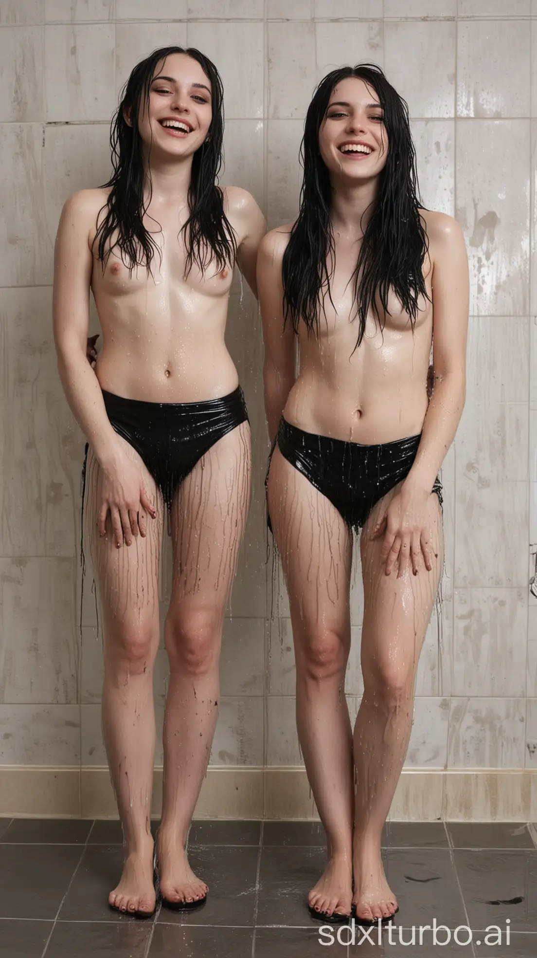 Goth-Girls-Smiling-with-Wet-Feet-Near-Shower-Wall