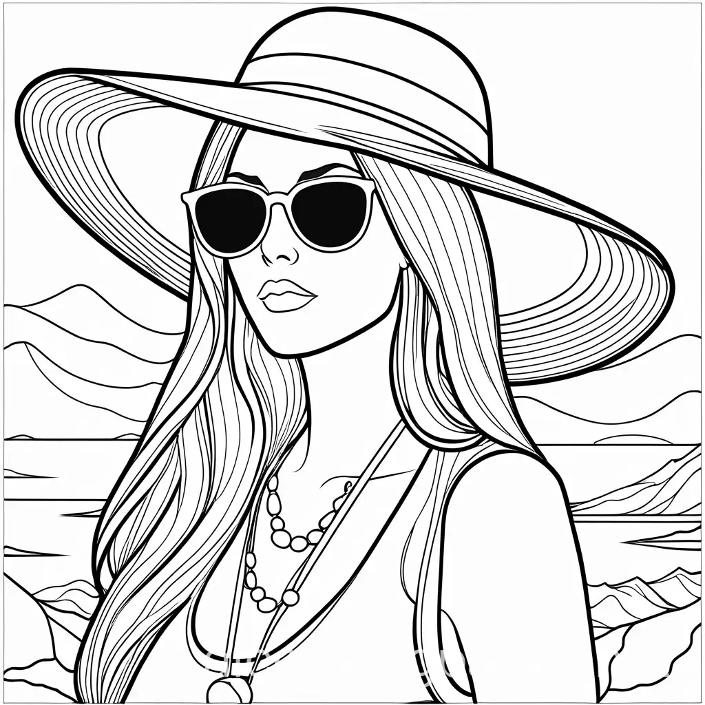 black and white page for coloring of an attractive female with long hair, sunglasses, and a large floppy hat, large stone necklace dressed casually, Coloring Page, black and white, line art, white background, Simplicity, Ample White Space. The background of the coloring page is plain white to make it easy for young children to color within the lines. The outlines of all the subjects are easy to distinguish, making it simple for kids to color without too much difficulty