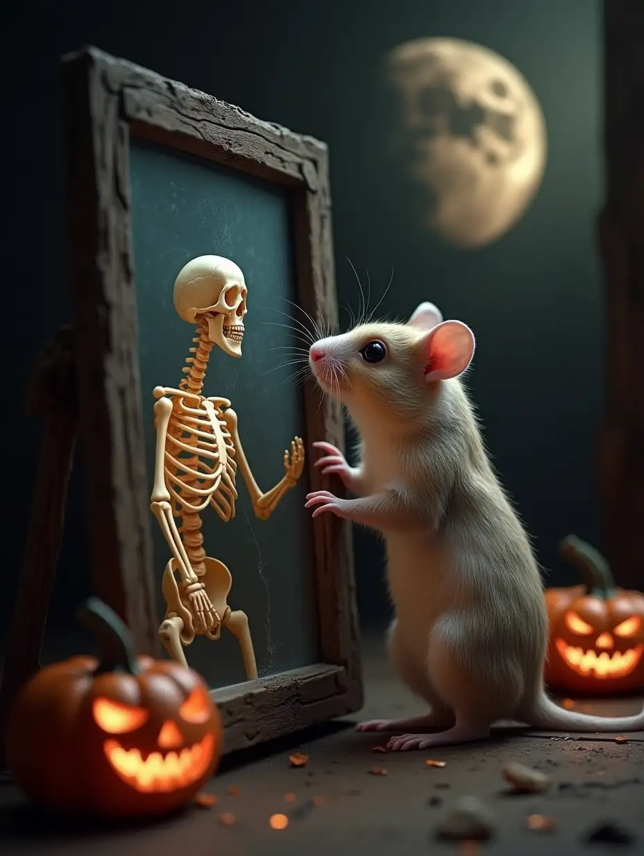 super cute hamster, standing in front of a mirror, looking into the mirror, (the mirror image shows the hamster's skeleton:1.5), (old shabby cobwebby mirror, old mirror glass:1.5), cobwebs, high professional and highly detailed, focus on hamster, indoors, dark spooky scene, low lighting, evil grin pumpkins, one full moon,