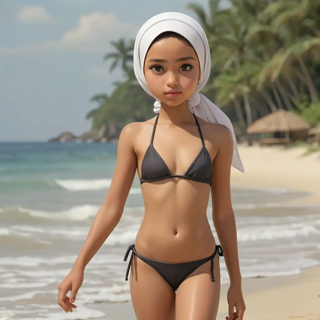 12YearOld-Indonesian-Girl-Walking-on-the-Beach-in-a-Hijab-and-Bikini-Bottom