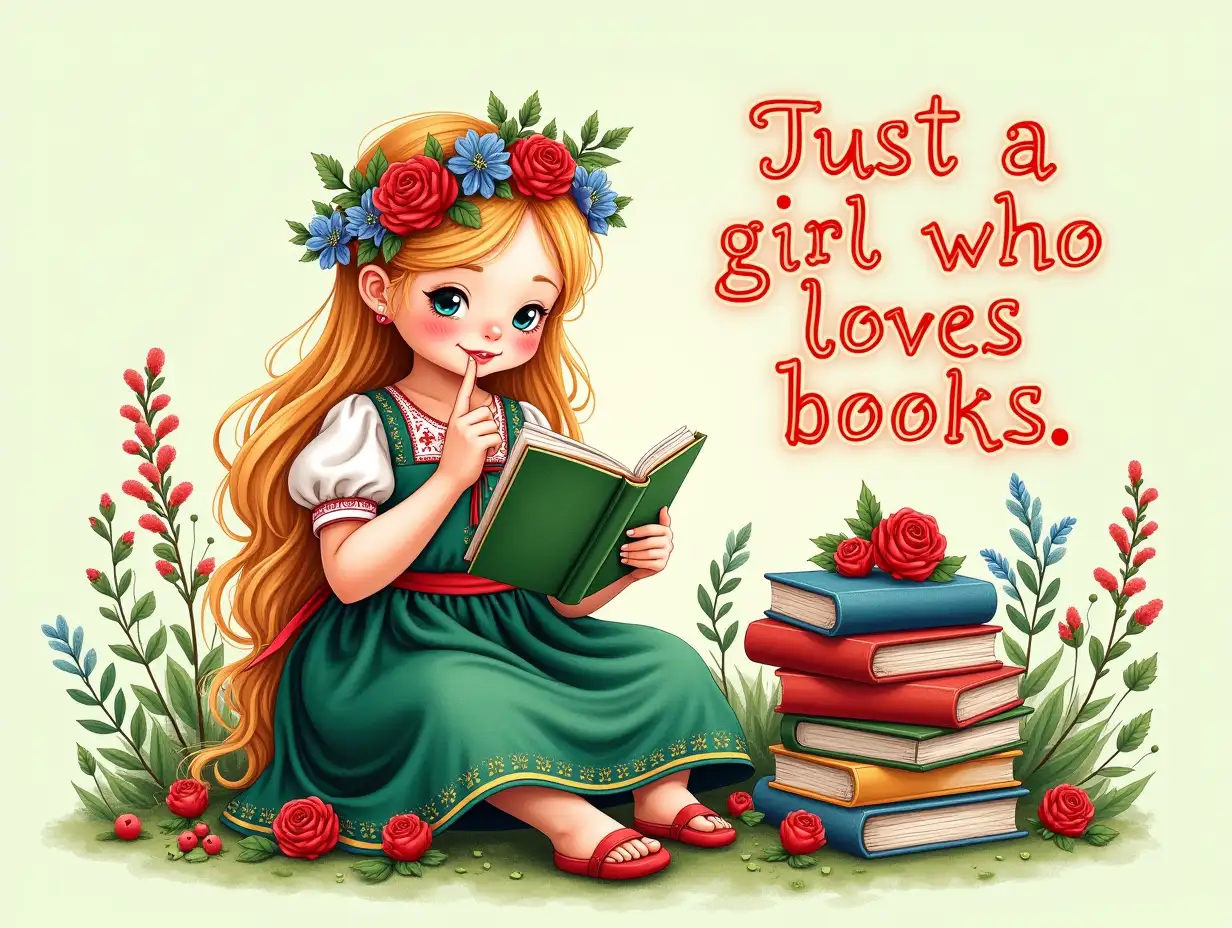 Vector illustration, Watercolor art. A whimsical, hyper-realistic scene of a young girl sitting on the ground amidst a stack of colorful books, surrounded by vibrant flowers. She has long, flowing blonde hair adorned with an intricate floral crown featuring red roses and blue blossoms. Her attire is a traditional folk dress, predominantly green with red and white accents, complemented by delicate embroidery. The girl is intently reading a green book, with a playful finger to her lips, exuding a sense of wonder and imagination. The background is a soft pastel green, enhancing the cheerful atmosphere. Prominently integrated into the composition is the quote 'Just a girl who loves books' in bold neon, artistic lettering, harmonizing with the natural elements of flowers and leaves that frame the scene. The overall color palette is bright and cheerful, filled with reds, greens, and blues, capturing a charming, fairy-tale aesthetic.