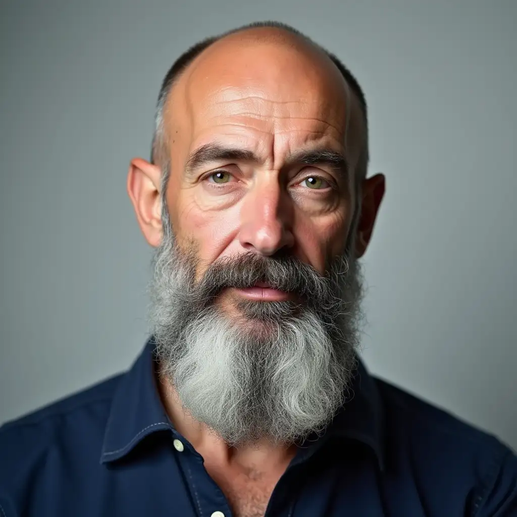 Headshot of a man in his 50s, shoulders-up, completely bald and shaved head, very round face, very long bushy grey beard, green/hazel eyes, dark prominent eyebrows, full lips, medium-light skin tone, neutral expression, soft natural lighting, wearing a navy collared shirt, clean light and single colored background, completely squared shoulders, photorealistic and lifelike style, high detail.