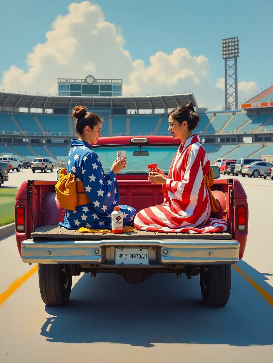 Japanese-Women-in-American-Flag-Kimono-Performing-Tea-Ceremony-in-Stadium-Parking-Lot