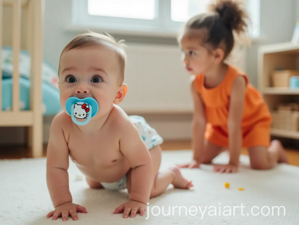 4MonthOld-Baby-Boy-Crawling-in-Nursery-with-10YearOld-Girl-in-Orange-Sundress