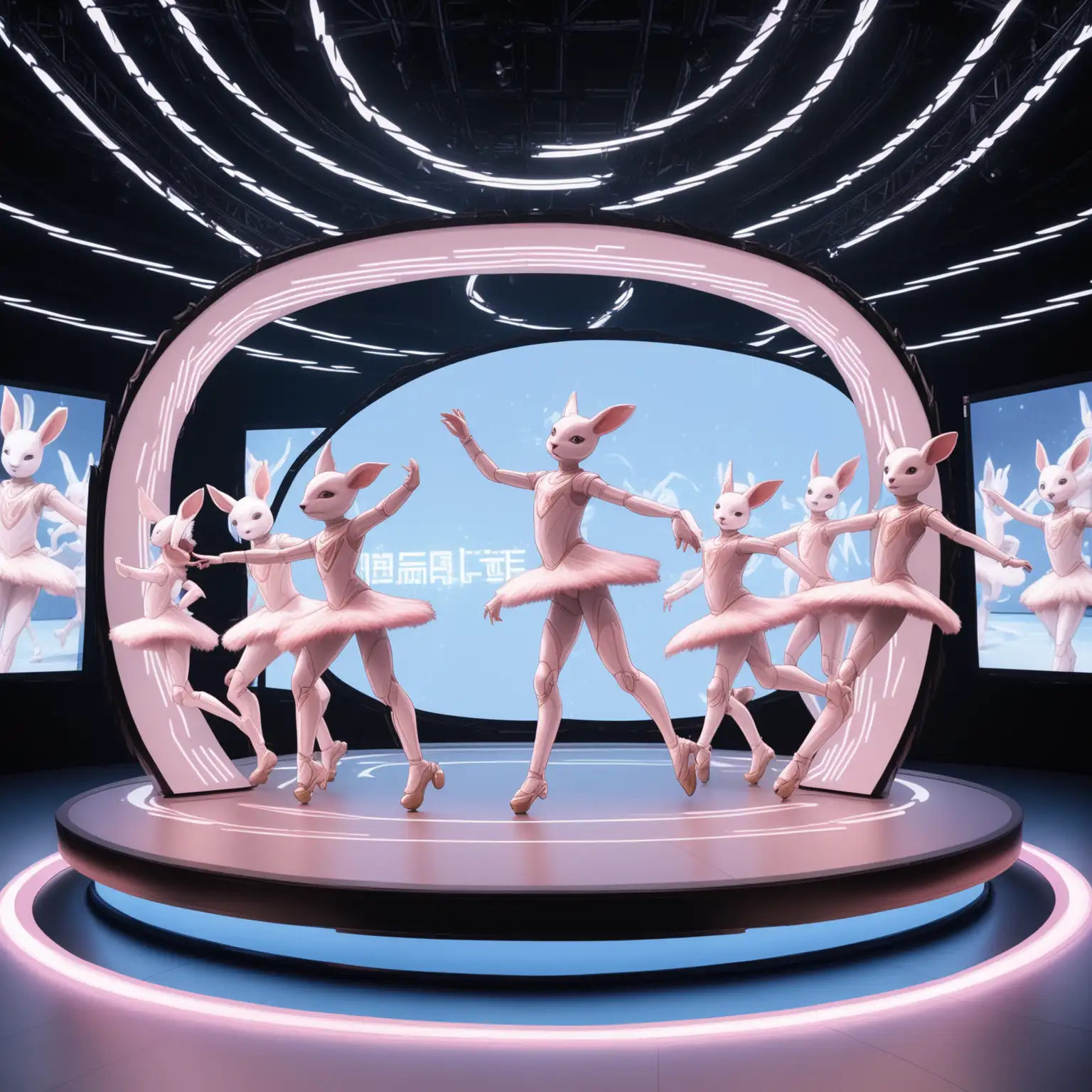 A wide oval platform for dancing, where a humanoid dances with small animal dancers a screen in front of the platform displays energizing images.