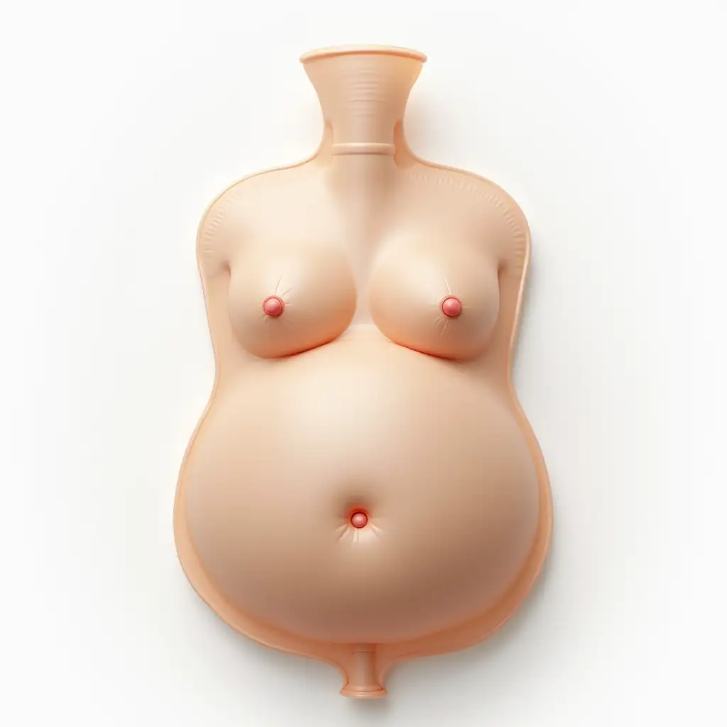 Create a hyper-realistic image of a fully functional hot water bag that is entirely designed to resemble a human belly. The bag has the natural skin texture, subtle imperfections, and realistic features of a human stomach, including a visible navel at the center. The material mimics soft, flexible human skin while maintaining the usability of a standard hot water bag. A cap or nozzle is seamlessly integrated into the design for filling water, blending naturally with the belly’s shape. The background is plain white, ensuring the surreal transformation remains the sole focus of the image.