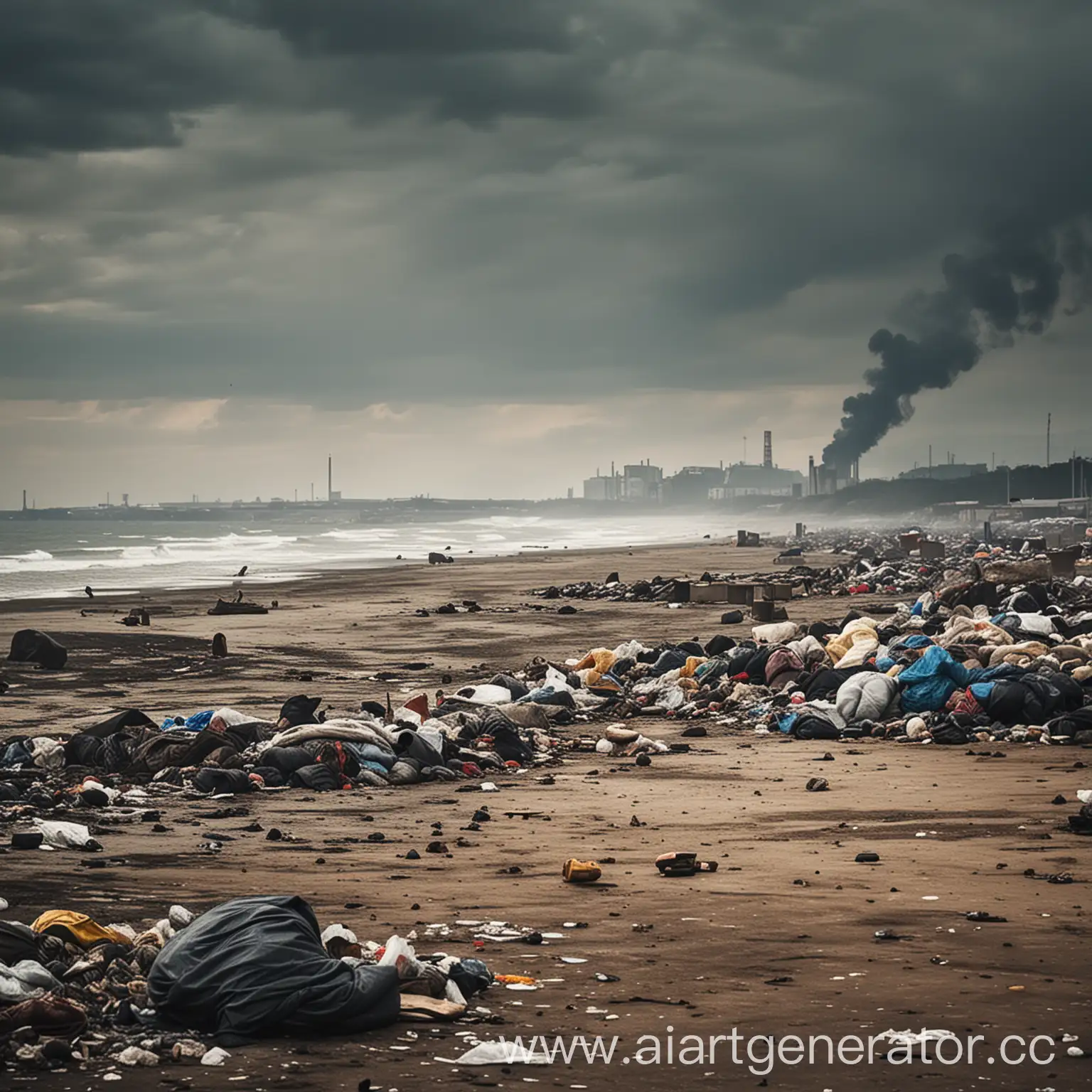 Polluted-Beach-Scene-with-Homeless-Sleepers-and-Smoking-Factory