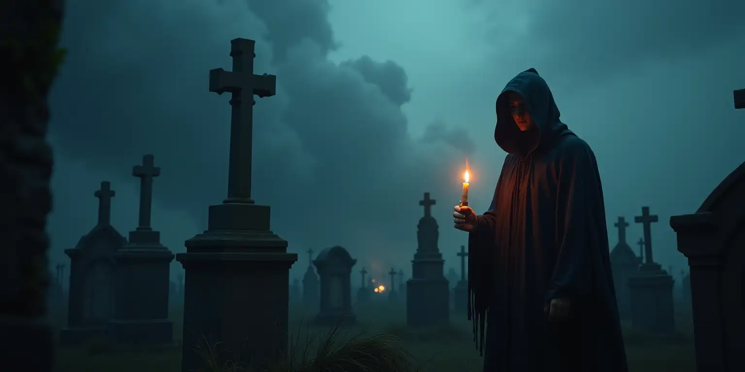 Mysterious Figure in a Haunted Cemetery at Dusk