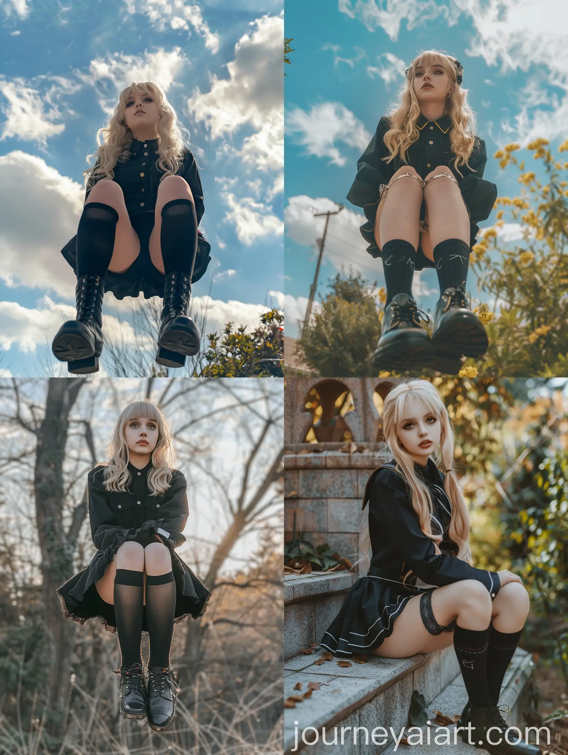 Blondhaired-Influencer-in-Black-Seifuku-Uniform-Floating-Outdoors