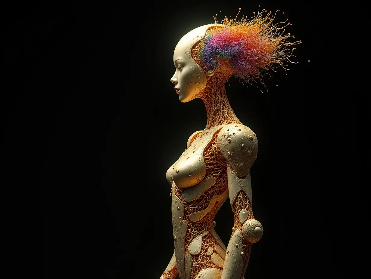 goldenem Complex-Horizon-Fractals humanoid robot with Complex-Horizon-Fractals body and Fracta-Bald with root on the head, with black background colorful