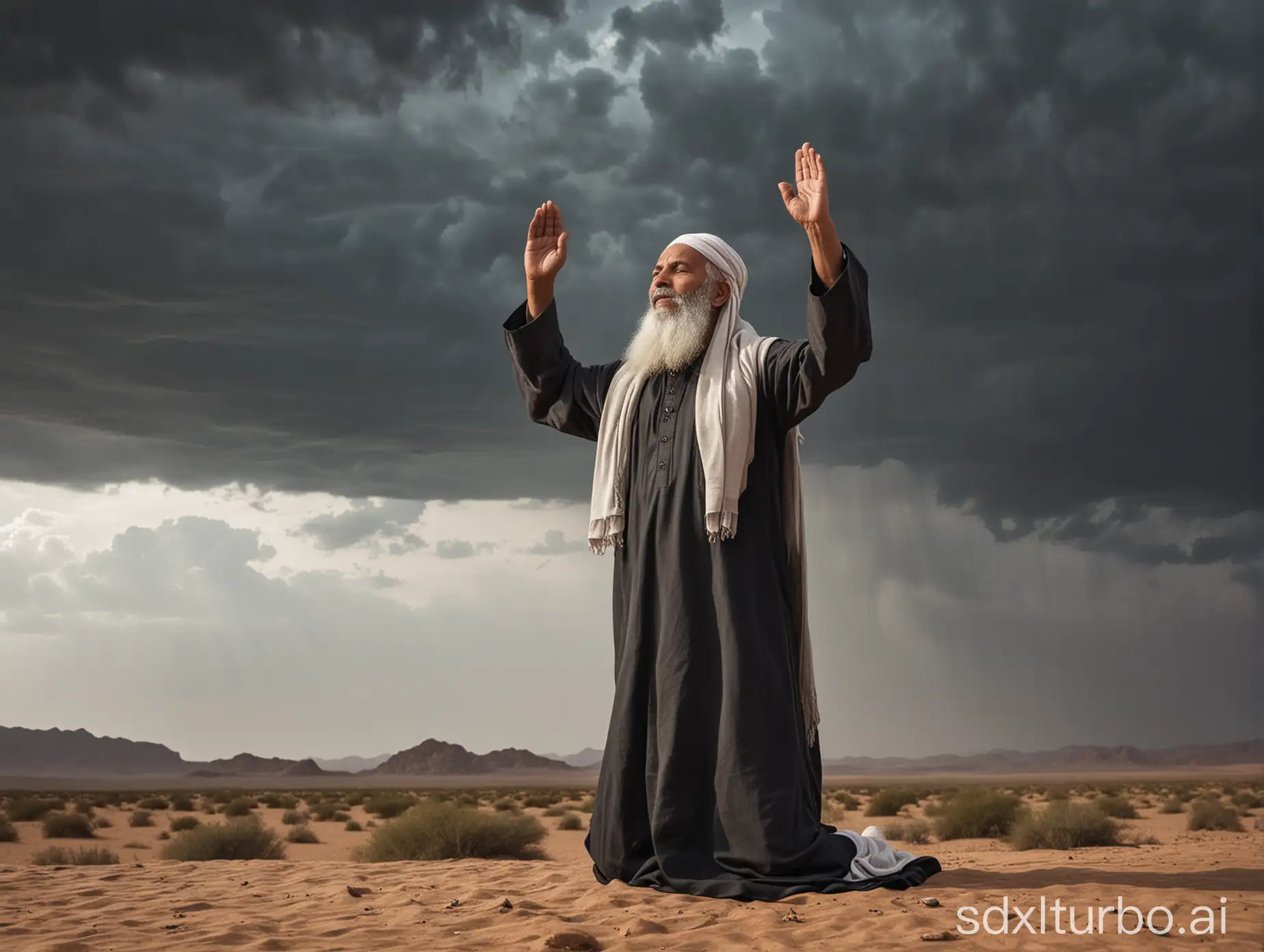 A long-haired Muslim old pious man praying with his hands raised in a spiritual pose in the desert. side view.Dark cloudy sky