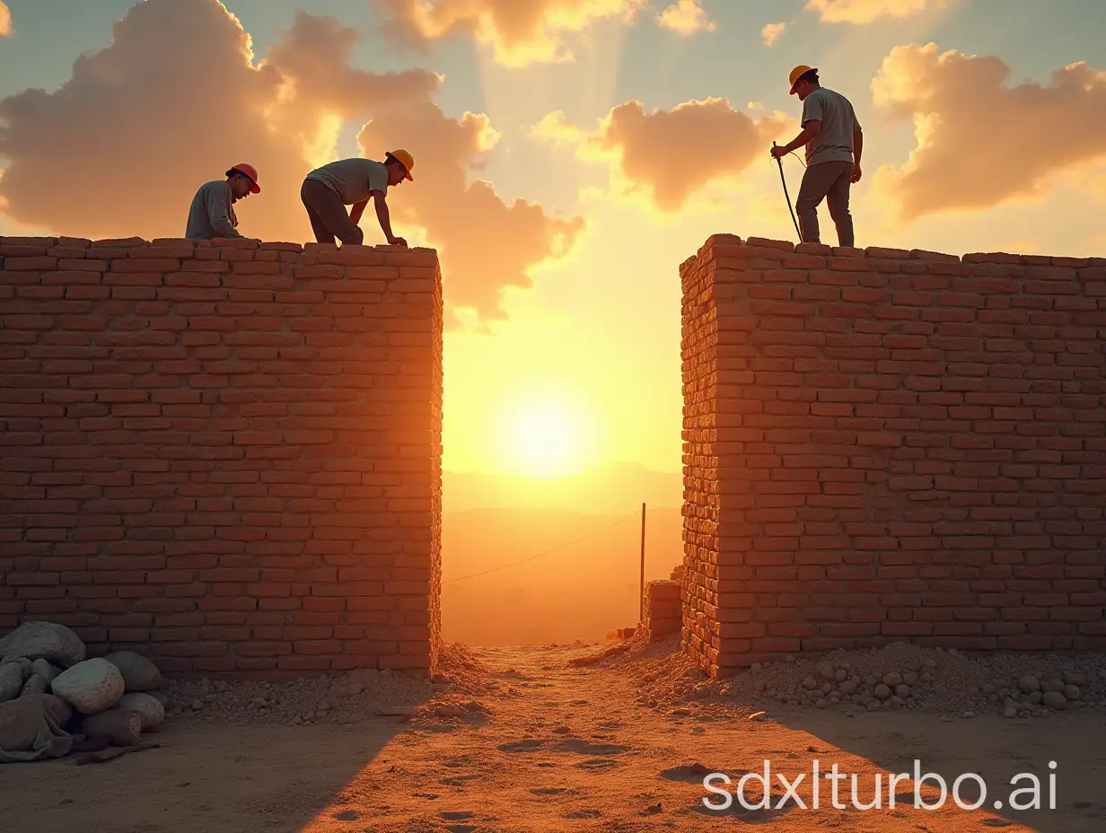 An image of a brick building where workers are building a place with a symbol of heaven at the end of the image