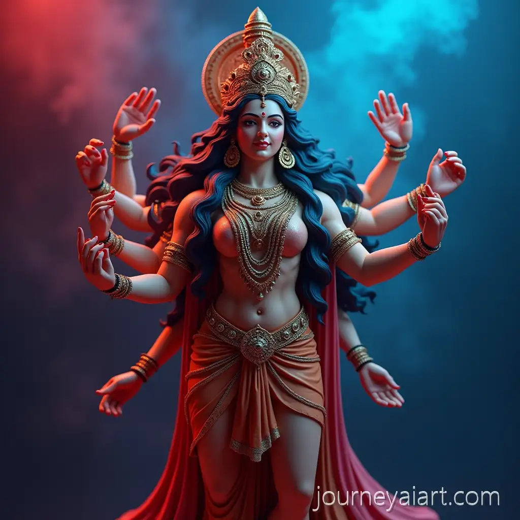 3D-MultiArmed-Lord-Durga-Holding-Modern-Technology-and-Awards-with-BlueRed-Smoky-Background