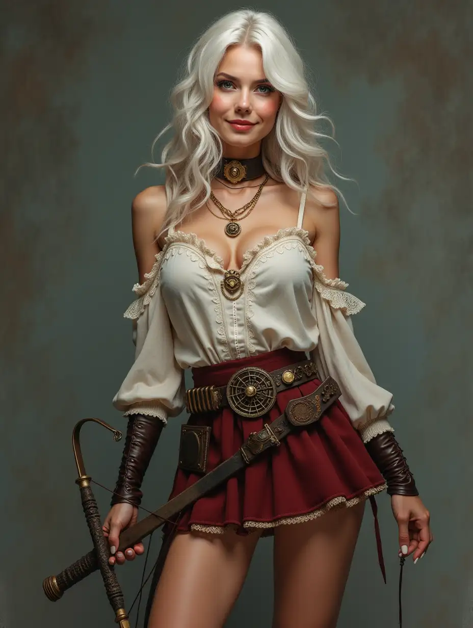 White-Hair-Beauty-in-Steampunk-Outfit-Holding-Sword-and-Crossbow