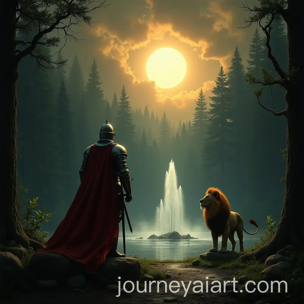 Brave-Knight-and-Loyal-Lion-in-a-Forest-Under-a-Stormy-Sky