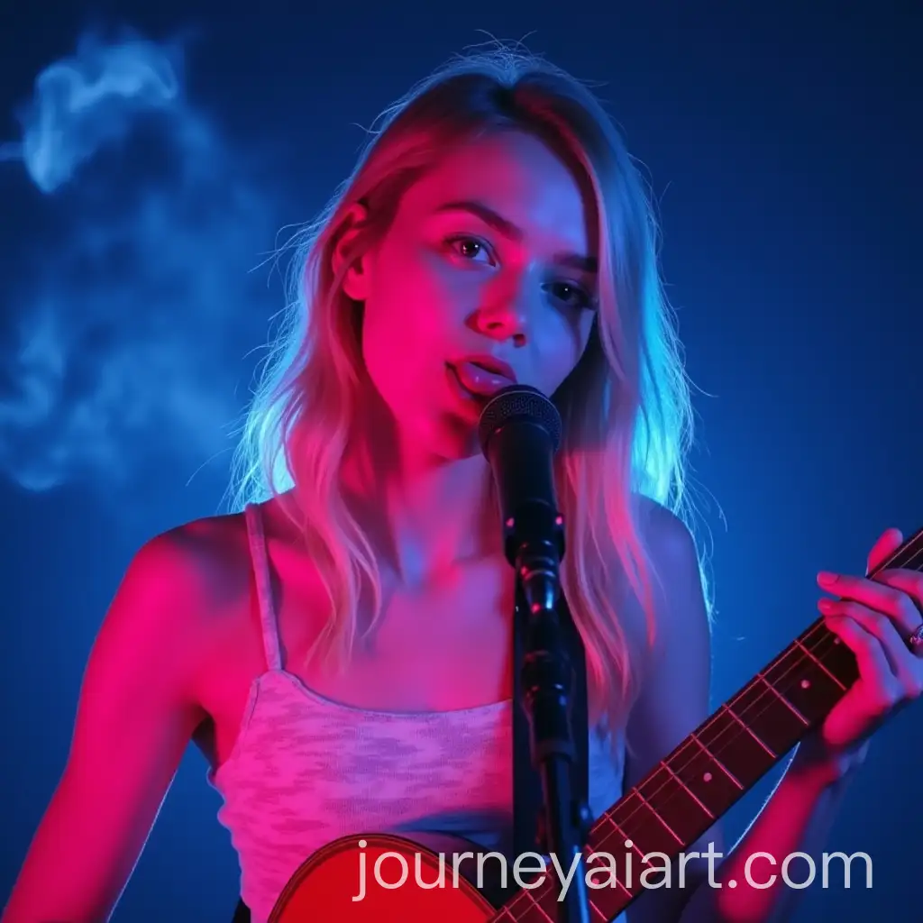 Young-Woman-Playing-Acoustic-Guitar-with-Playful-Expression-Under-Neon-Lights