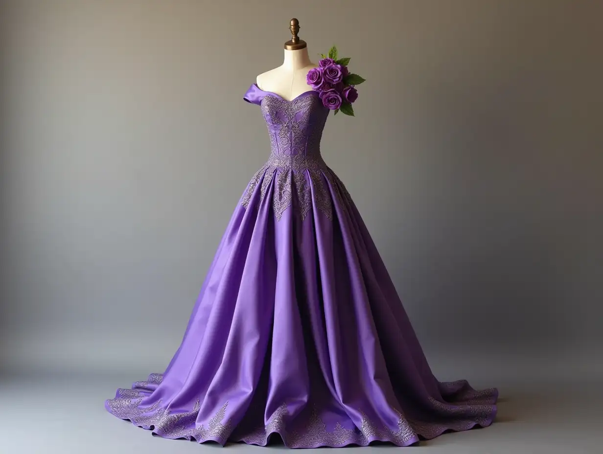 Create a gown on a dummy statue which is long , purple and off shoulder , on one shoulder a lots of purple rose and on second shoulder create some design using silver border,on the waist make create a border using a like color of dress and also give some print on the legs side