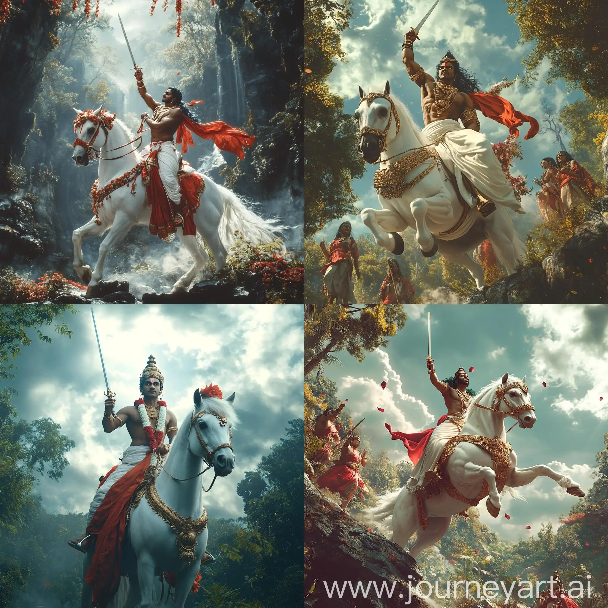 Cinematic-Portrait-of-Goddess-Murugan-Riding-White-Horse-in-Forest