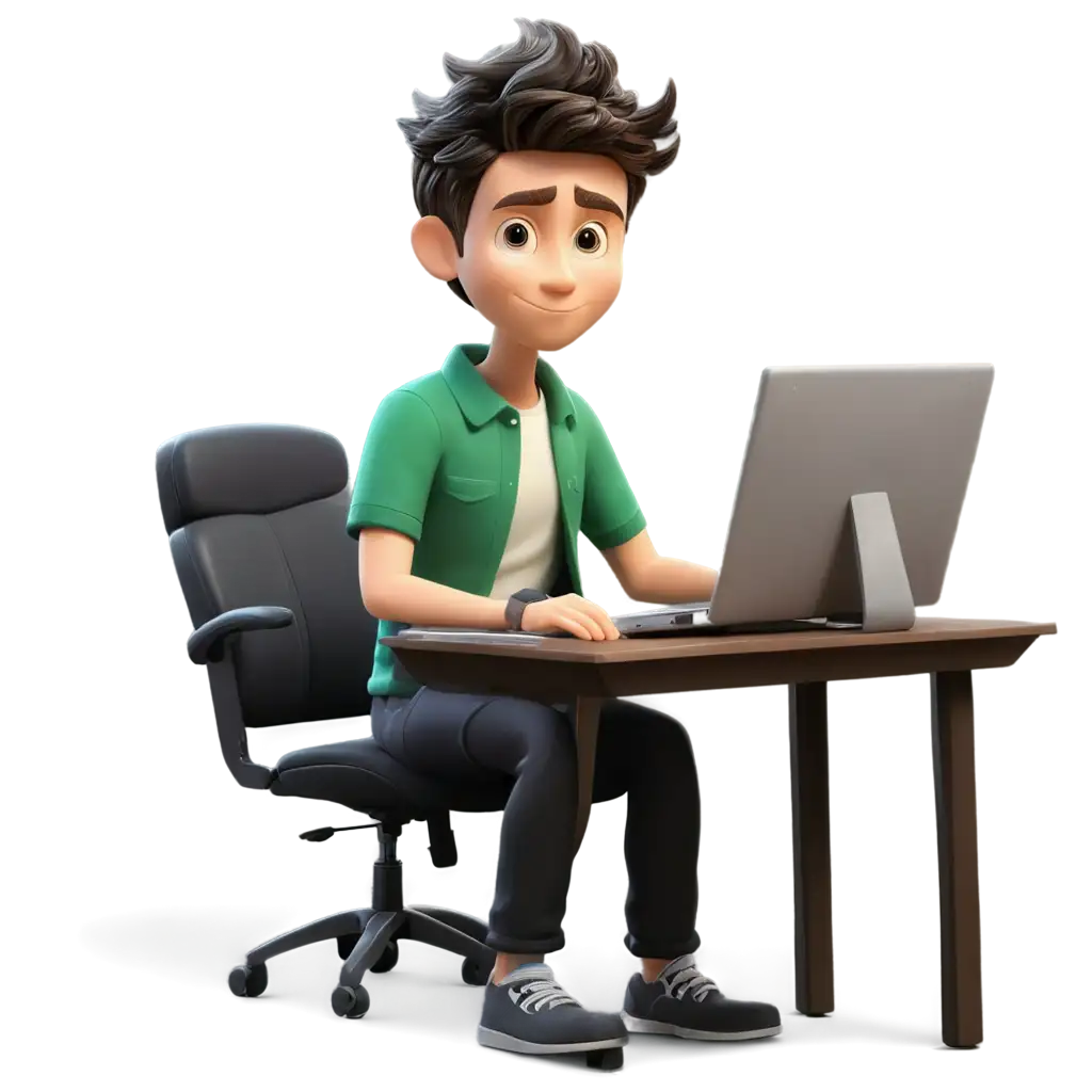 Modern-Cartoon-Style-PNG-Image-of-a-Boy-Working-at-Home-on-a-Computer-Table