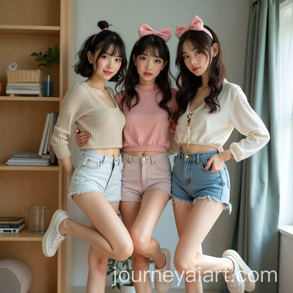 Three-Stylish-Asian-University-Girls-Sharing-an-Apartment-with-Playful-Confident-Poses