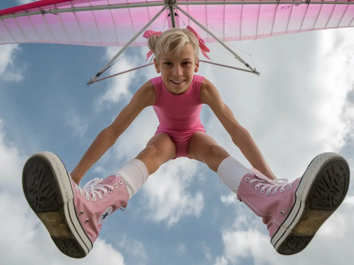 Thin-Blond-Boy-in-Pink-Leotard-Flying-a-HandGlider