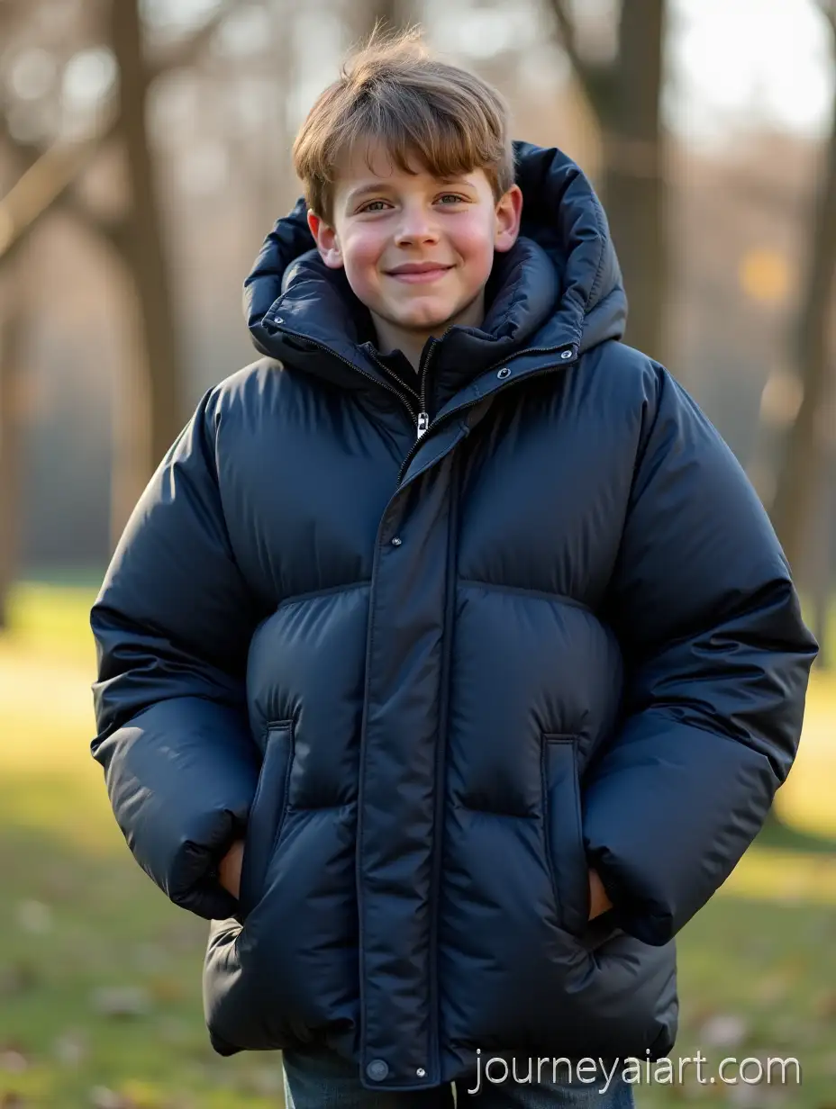 13YearOld-Boy-in-Puffy-Winter-Coat-in-Sunny-Summer-Park