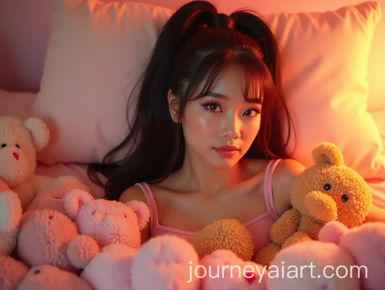 Blasian-Kpop-Idol-with-Glam-Makeup-Surrounded-by-Stuffed-Animals-in-Soft-PinkGolden-Hour-Lighting