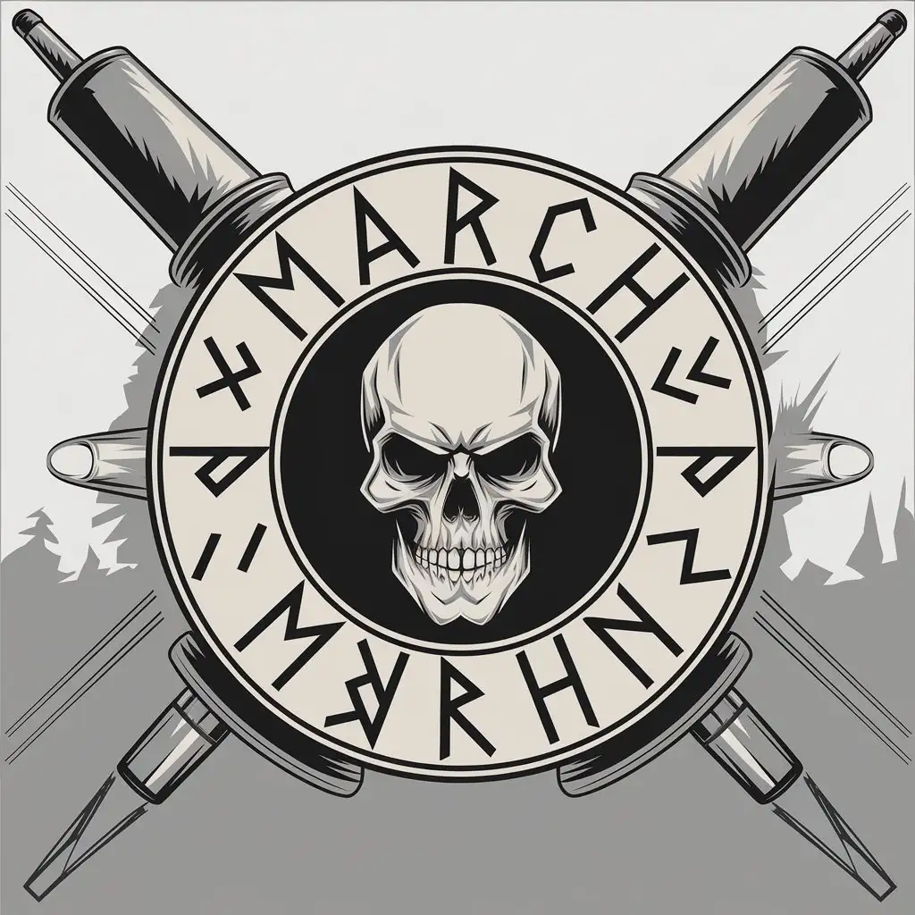 LOGO Design For March Round Patch with Runes Skull and Mortar Mines on Clear Background