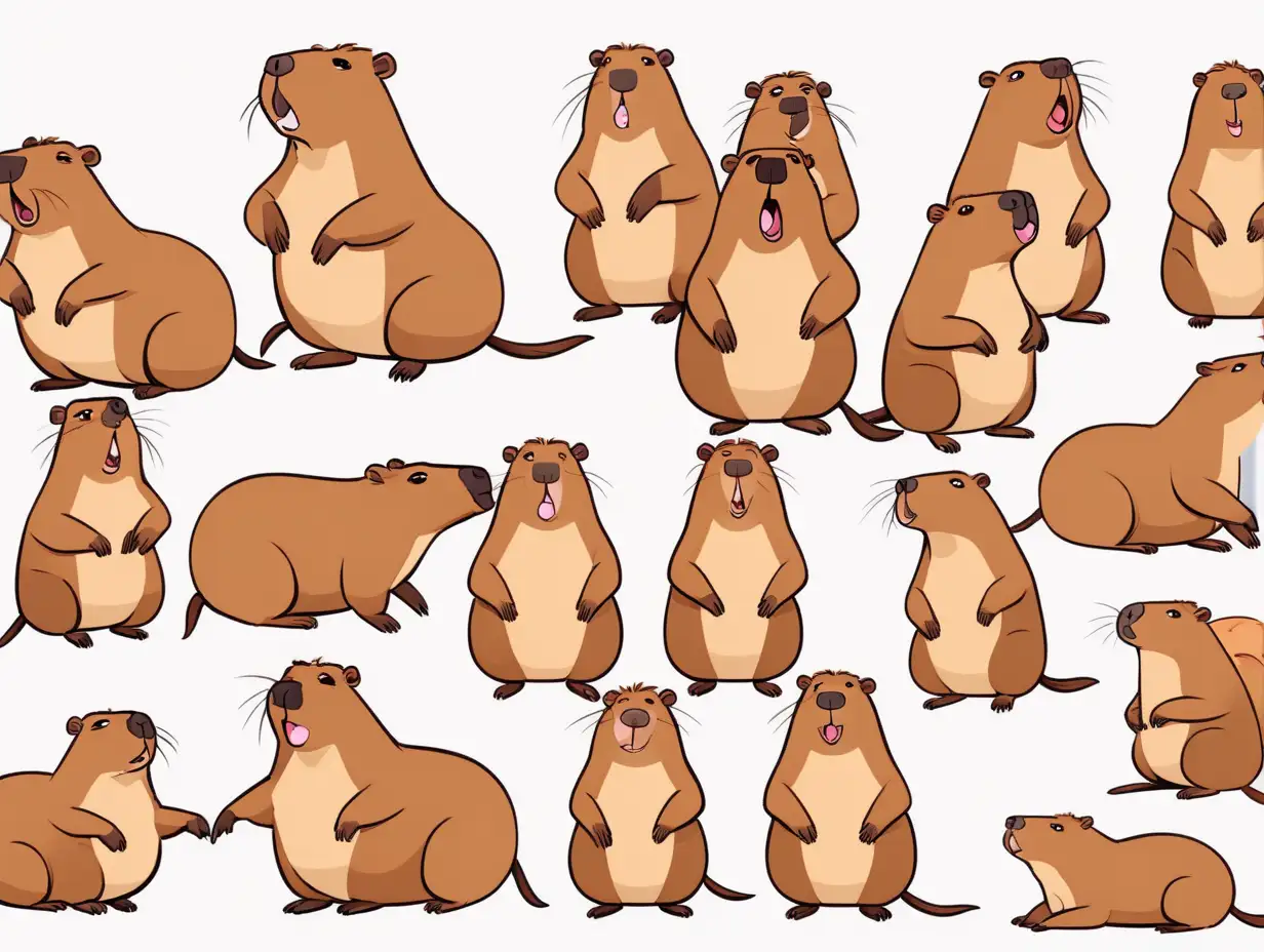 various capybaras, various expressions, cartoon style, for children animation, brown capybara, big square snout, various poses, various angles, large and round eyes, suggesting a friendly attitude, cute