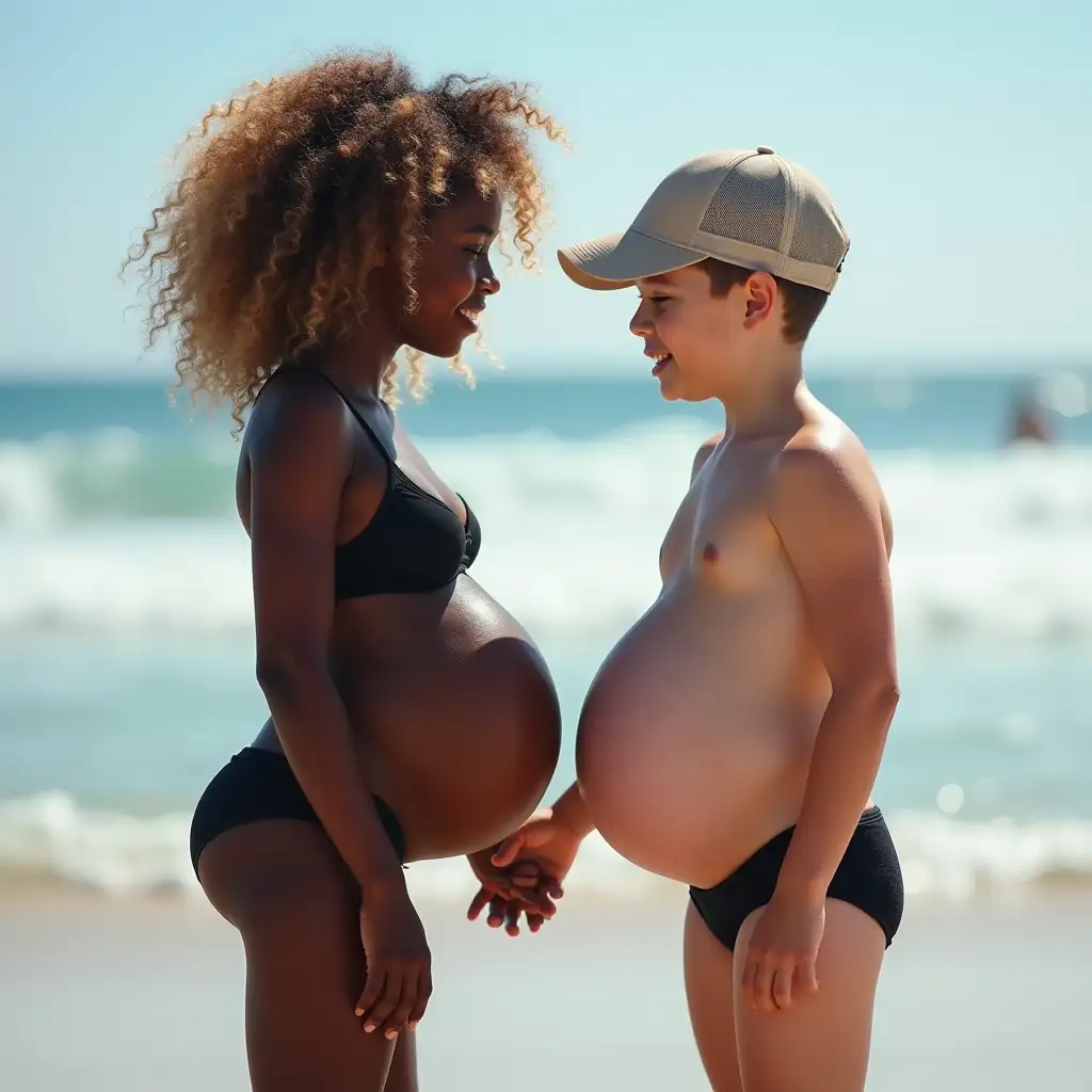 Young-Surfer-Girl-and-Boy-at-Beach-with-Inflated-Bellies