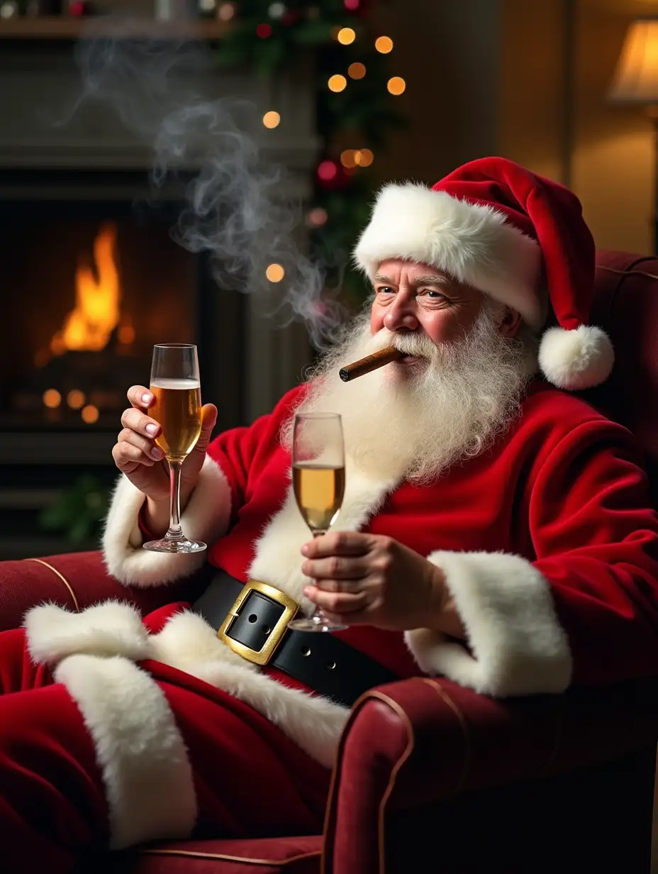 Santa Claus sitting in an armchair smoking a cigar and toasting with a cup of champagne in his hand