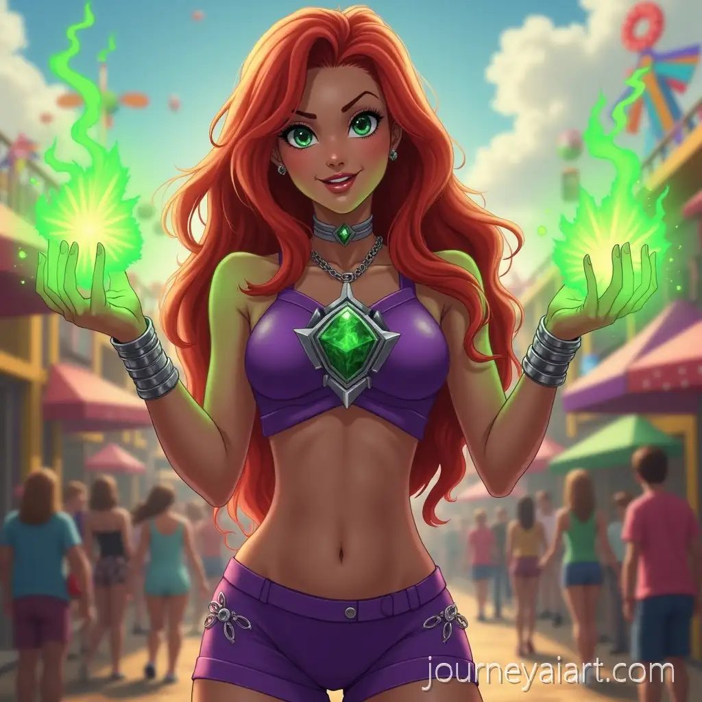 Cinematic-Realistic-Starfire-Character-in-Vibrant-Amusement-Park-with-Energy-Powers