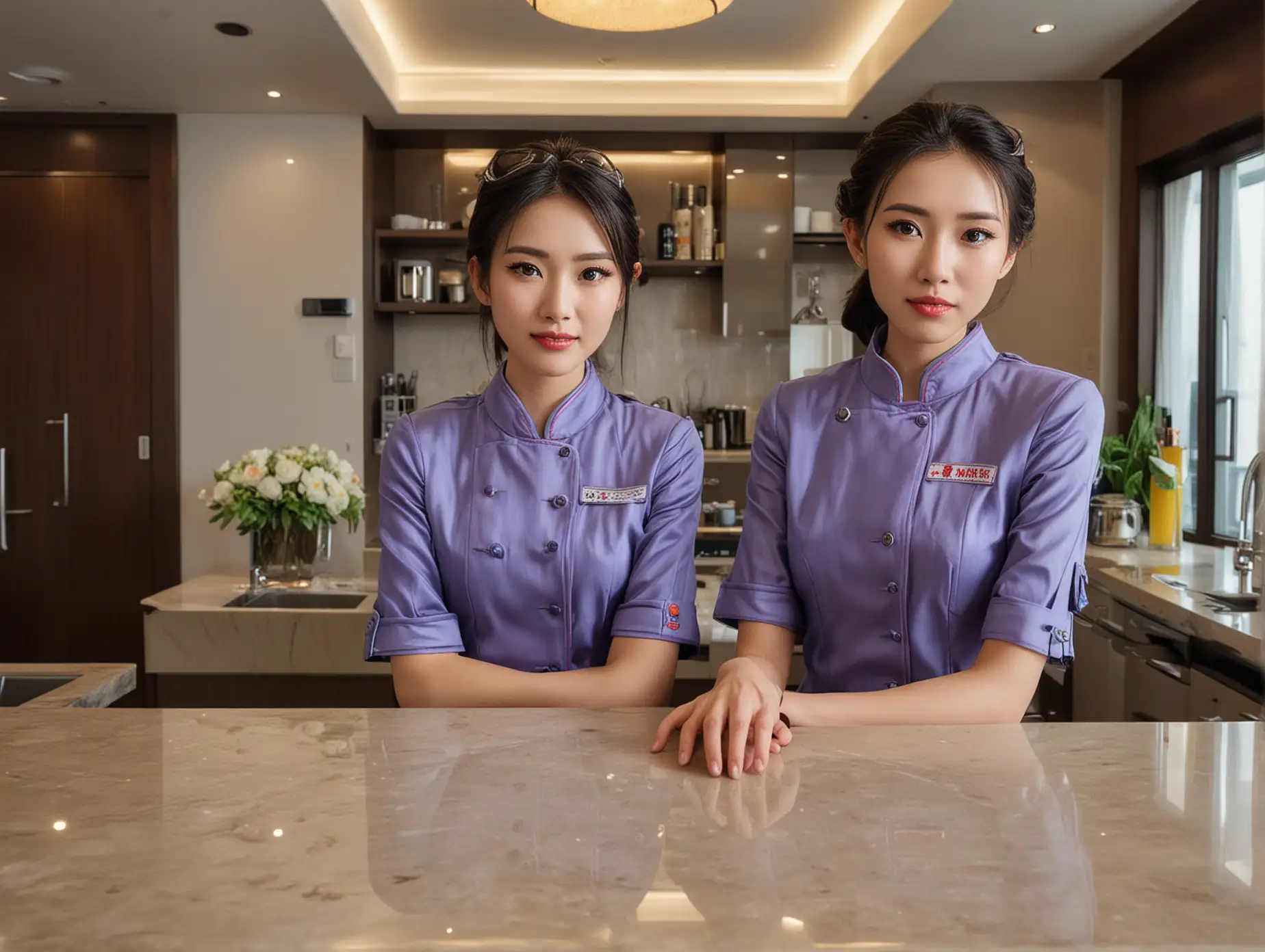 faces of two beautiful skinny China Airlines flight attendants at a luxury penthouse kitchen counter in shanghai, staring at the camera in stunned wonder