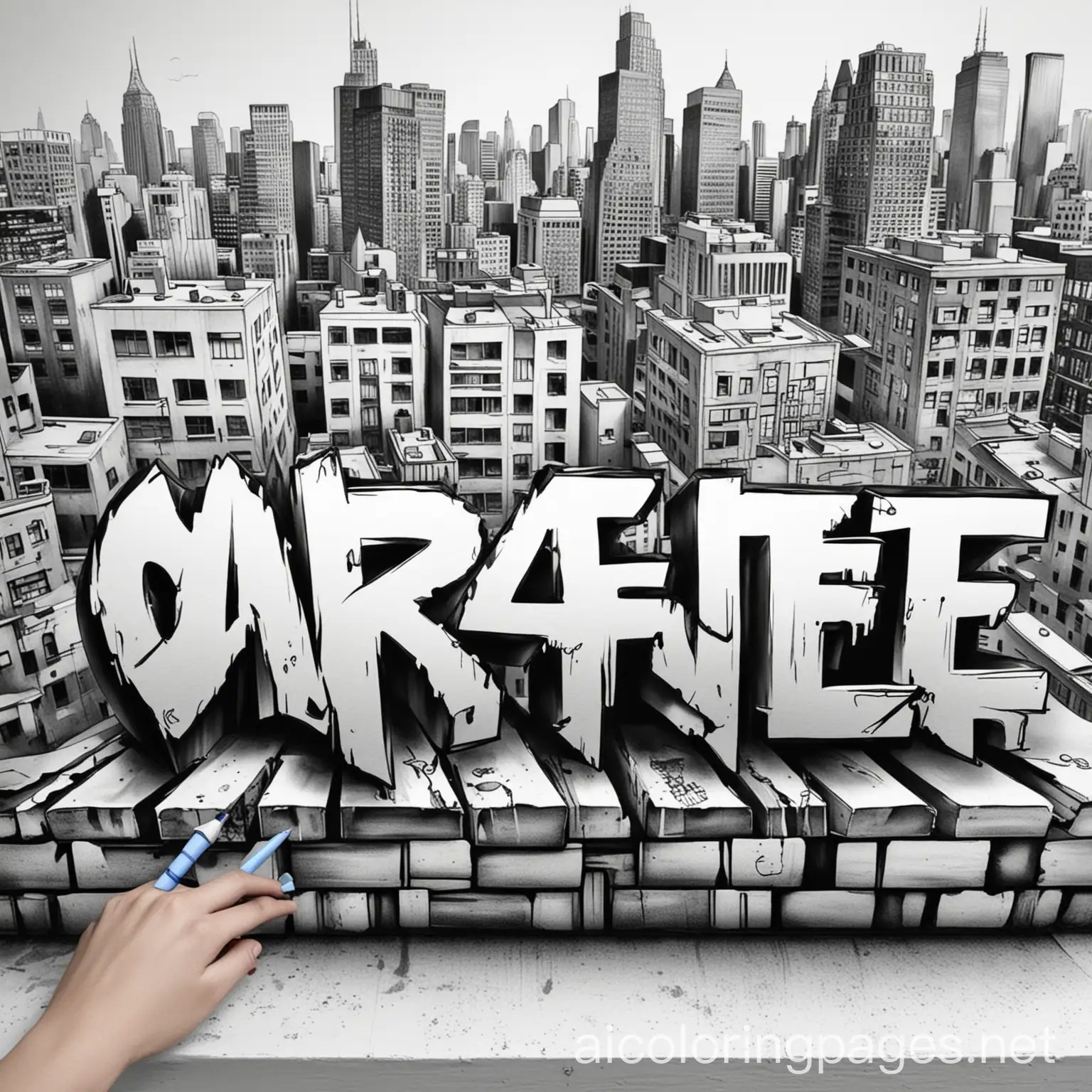 Graffiti-Wild-Style-Lettering-Coloring-Page-on-Rooftop-with-City-Buildings