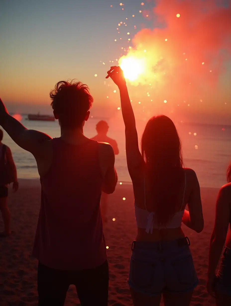 young people celebrating at sunset a party at the beach