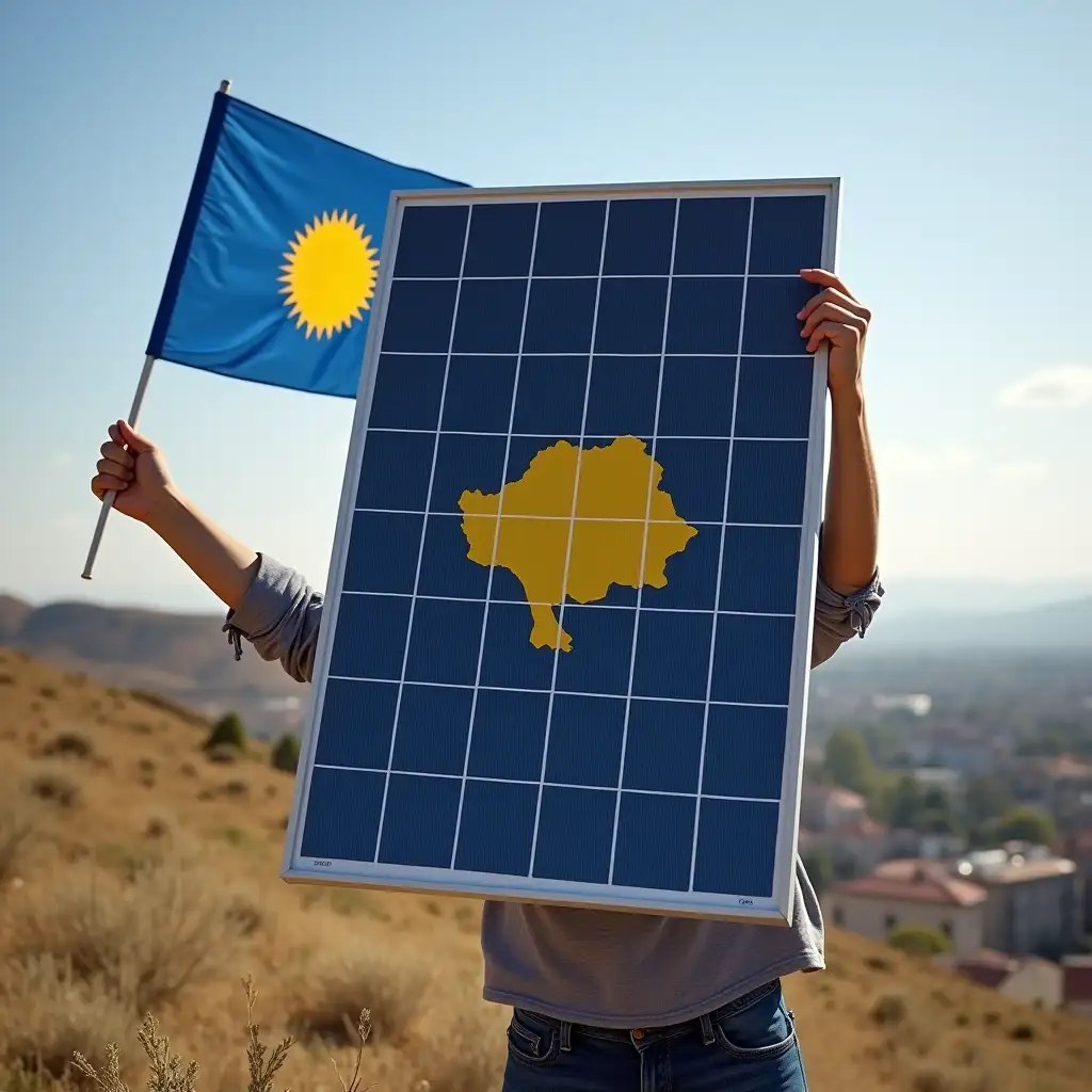 I want a solar panel with arms and hands, in Ferizaj City, Kosovo.. holding a Kosovo flag.