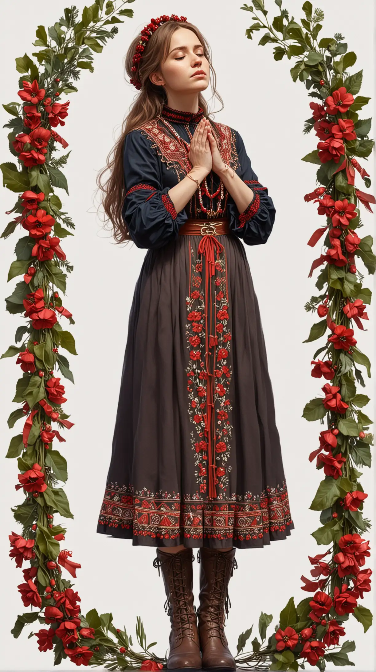 Beautiful BrownHaired Woman Praying in Traditional Ukrainian Attire with Red Boots and Wreath