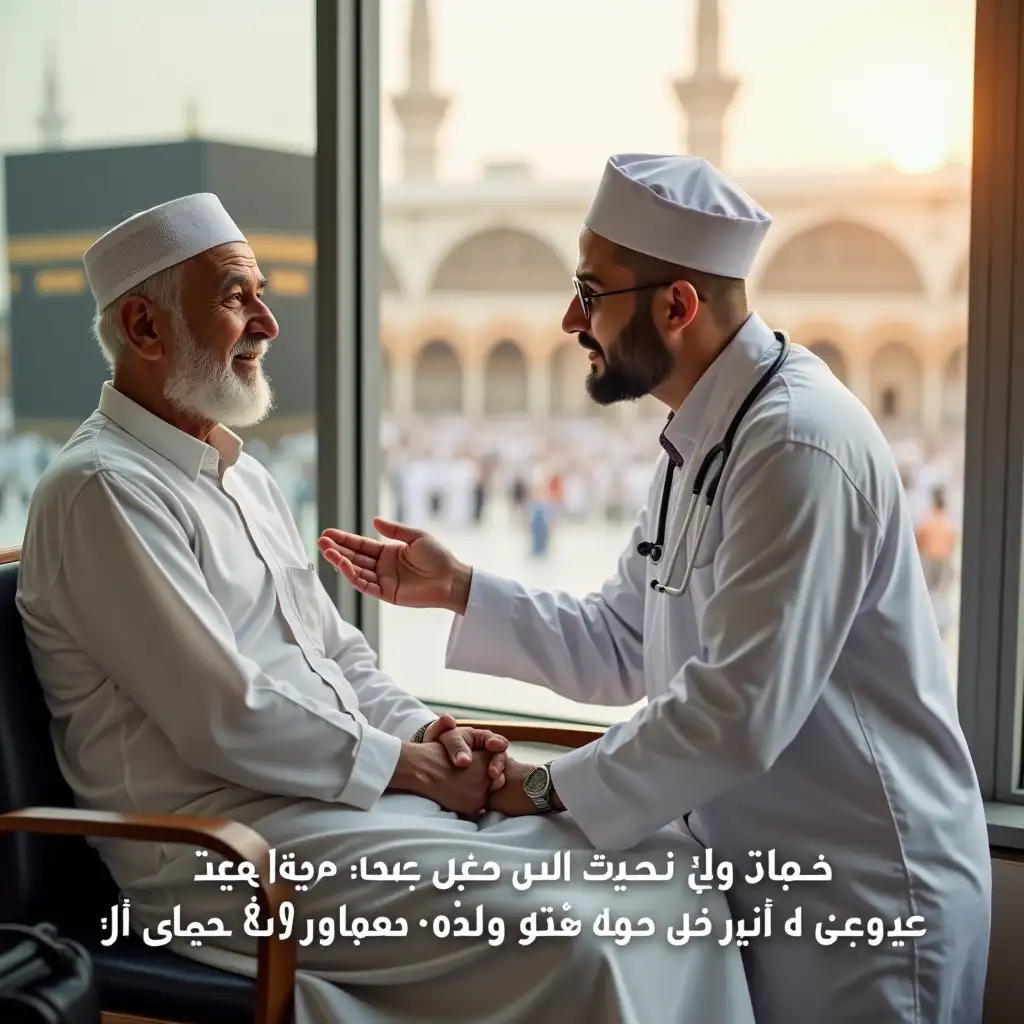 A serene and spiritual setting in Makkah. The image showcases an elderly Muslim Hajji (pilgrim) dressed in white Ihram, sitting on a chair with a calm smile. A kind-hearted Muslim doctor, wearing a professional white coat with a stethoscope, gently examines the Hajji. In the background, the faint silhouette of the Kaaba is visible, giving a sense of sacredness. The Hajji's expression shows relief and gratitude. The doctor looks compassionate and attentive. A small medical bag with essential tools is placed nearby. Text overlay at the bottom reads: चाहे शुगर, बीपी, दिल की बीमारी, अस्थमा हो या जोड़ों का दर्द – अब कोई भी परेशानी आपको परेशान नहीं करेगी। Quba International: आपकी सेवा में, हर कदam पर।