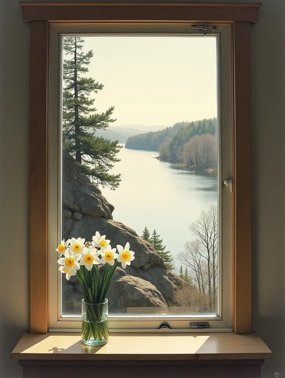 Block print of a color engraving by Andrew Wyeth, view from the window of a cozy house high in the rocks covered with pine trees over a smooth mother-of-pearl lake that has lost its border with the mother-of-pearl sky, mid-autumn, on the windowsill there are several white daffodils in a glass, no passe-partout