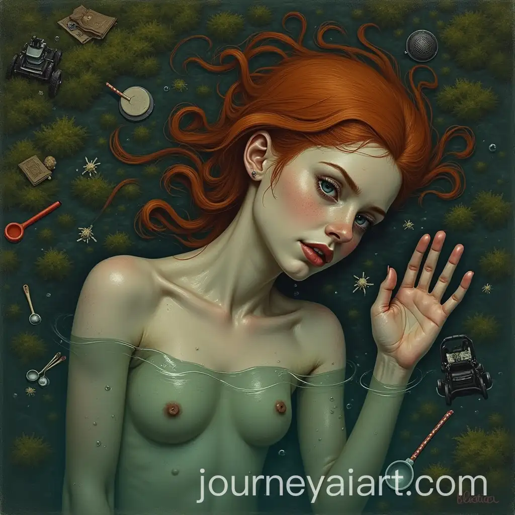 RedHaired-Woman-Drowning-in-a-Swamp-Surrounded-by-Sinking-Objects